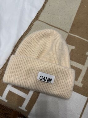 Ganni Cream Folded Cuff Ribbed Beanie